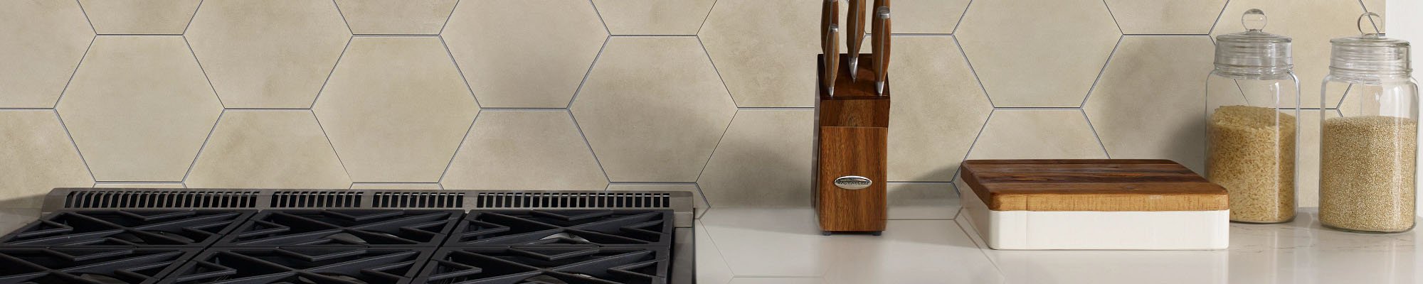 Kitchen with hexagonal tiled backsplash - Read reviews from our customers at Rugtex of Florida in Miami, FL